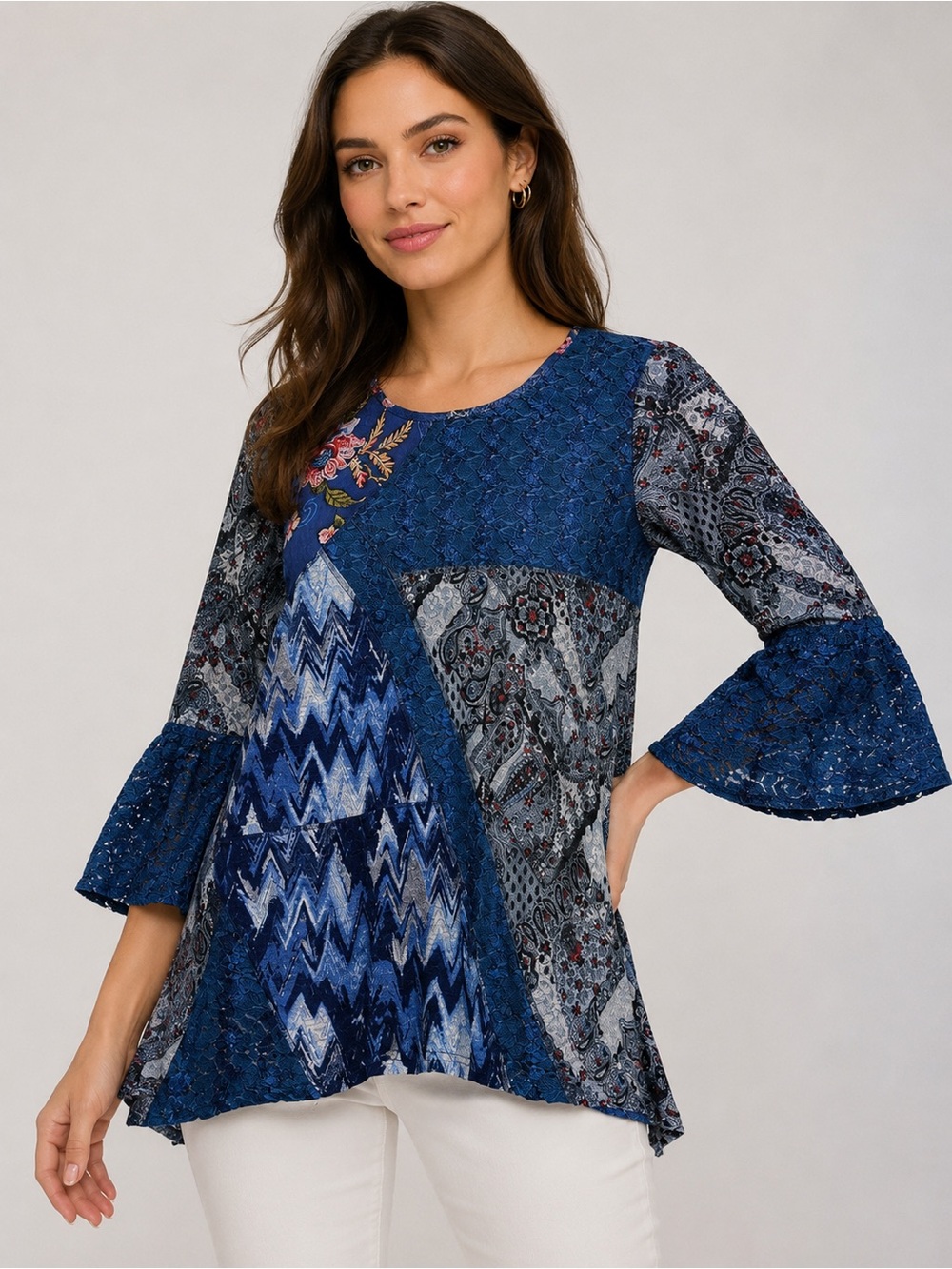 Caleaas Blue Sapphire Boho Tunic Top Med-large patchwork Bell sleeve